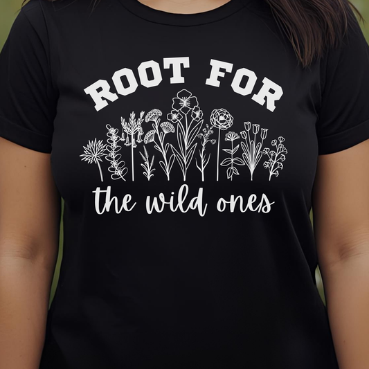 Black t-shirt with floral design and text 'Root for the wild ones'.
