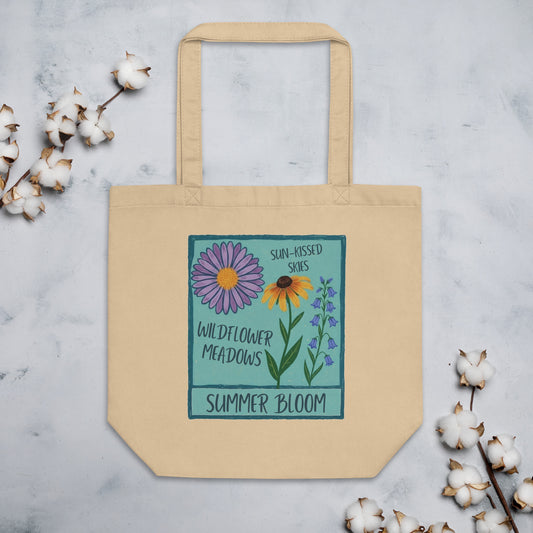 Beige tote bag with floral design and text.