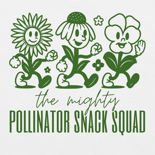 White t-shirt with graphic and text 'the mighty Pollinator Snack Squad'.