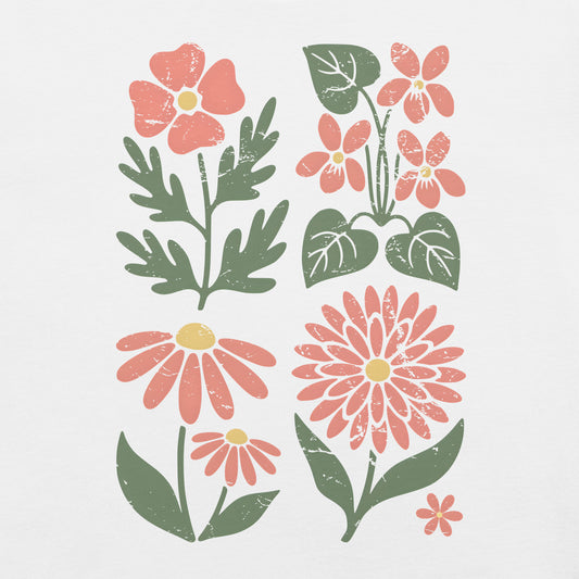 White t-shirt with boho floral designs.