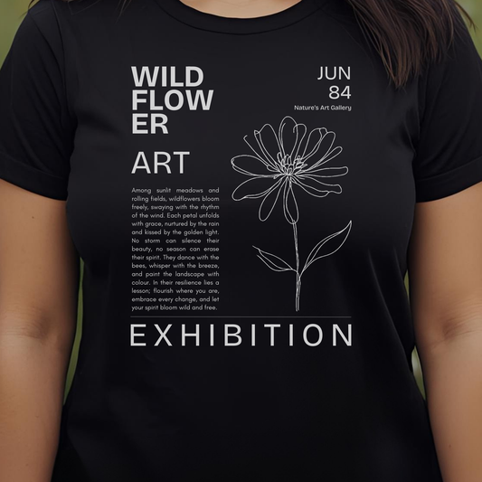 Black t-shirt with floral art design and text.