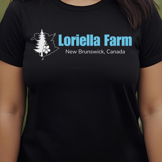 Black t-shirt with 'Loriella Farm New Brunswick, Canada' text and logo.