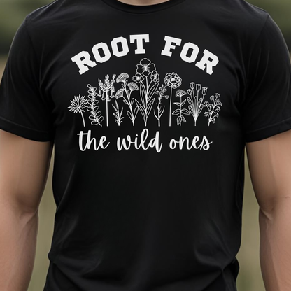 Black t-shirt with floral design and text 'Root for the wild ones'.
