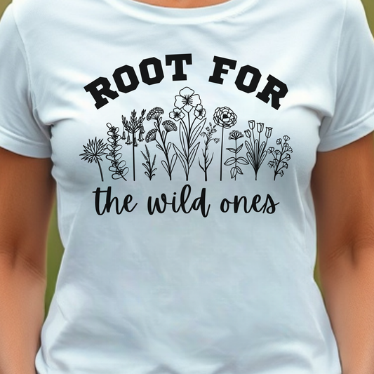 White t-shirt with text 'ROOT FOR the wild ones' and floral designs.