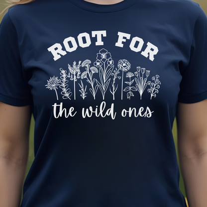 Navy t-shirt with white floral design and text 'Root for the wild ones'.