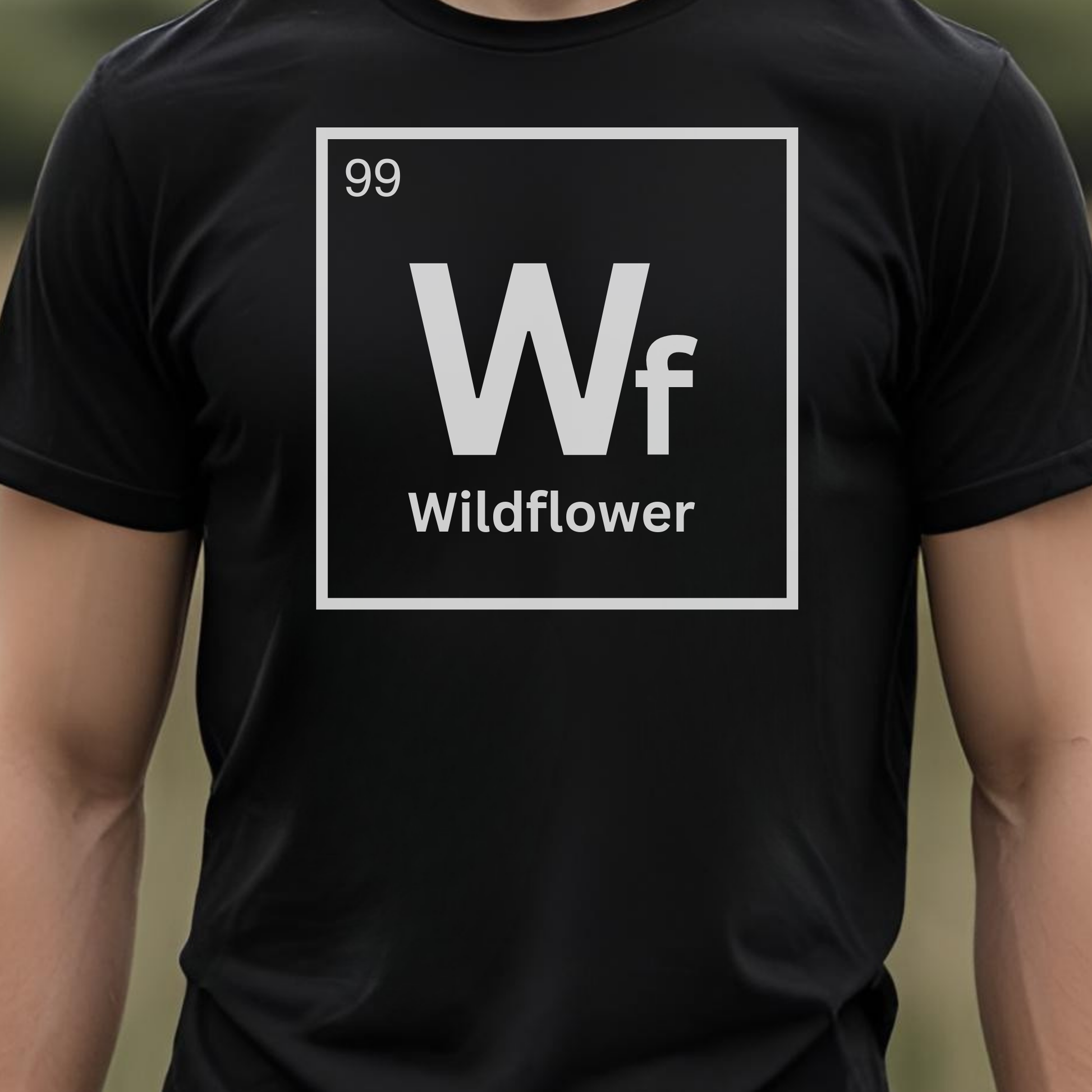 Black t-shirt with table element 'Wf Wildflower' design.
