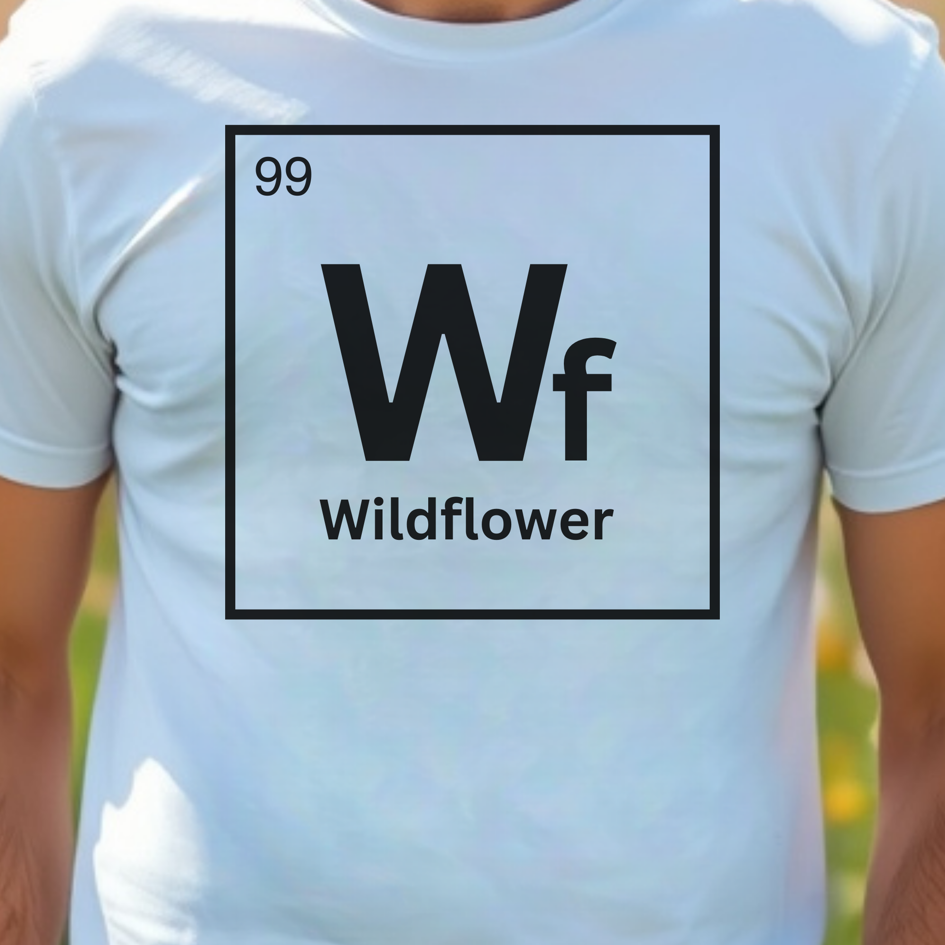 White t-shirt with table element 'Wf Wildflower' design.
