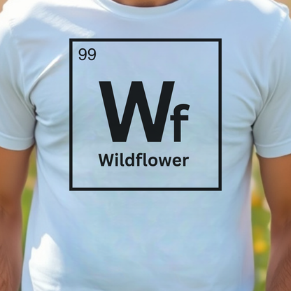White t-shirt with table element 'Wf Wildflower' design.
