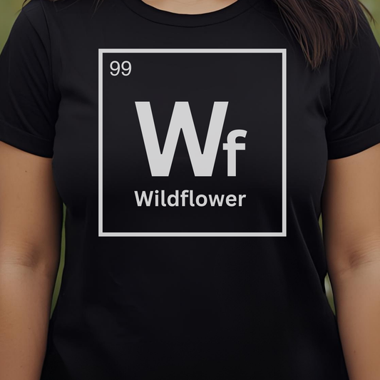 Black t-shirt with table element 'Wf Wildflower' design.