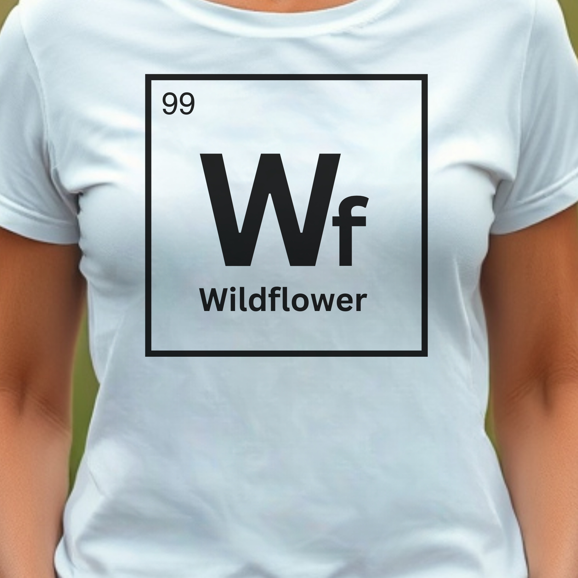 White t-shirt with table element 'Wf Wildflower' design.