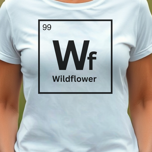 White t-shirt with table element 'Wf Wildflower' design.