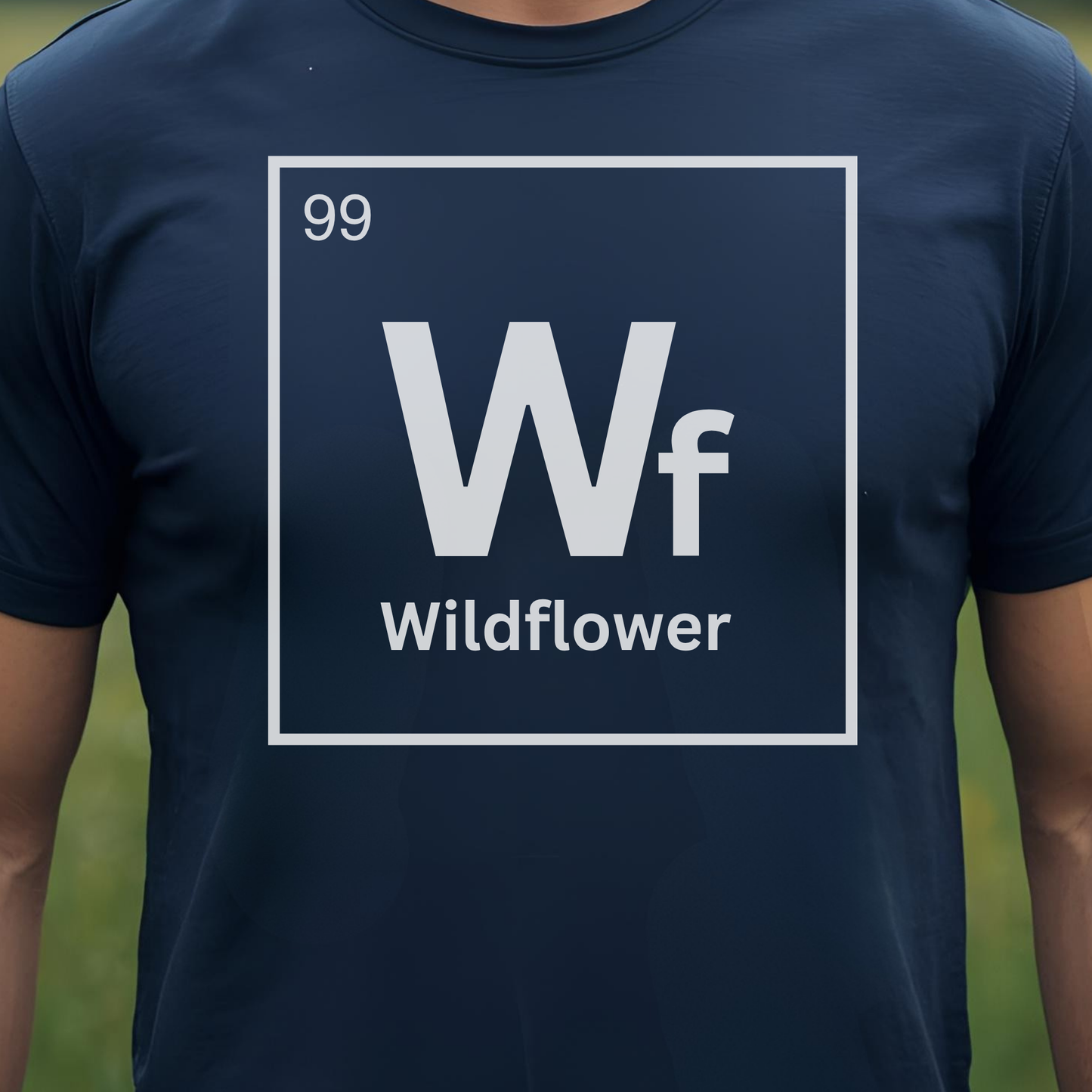Navy t-shirt with 'Wf Wildflower' logo.