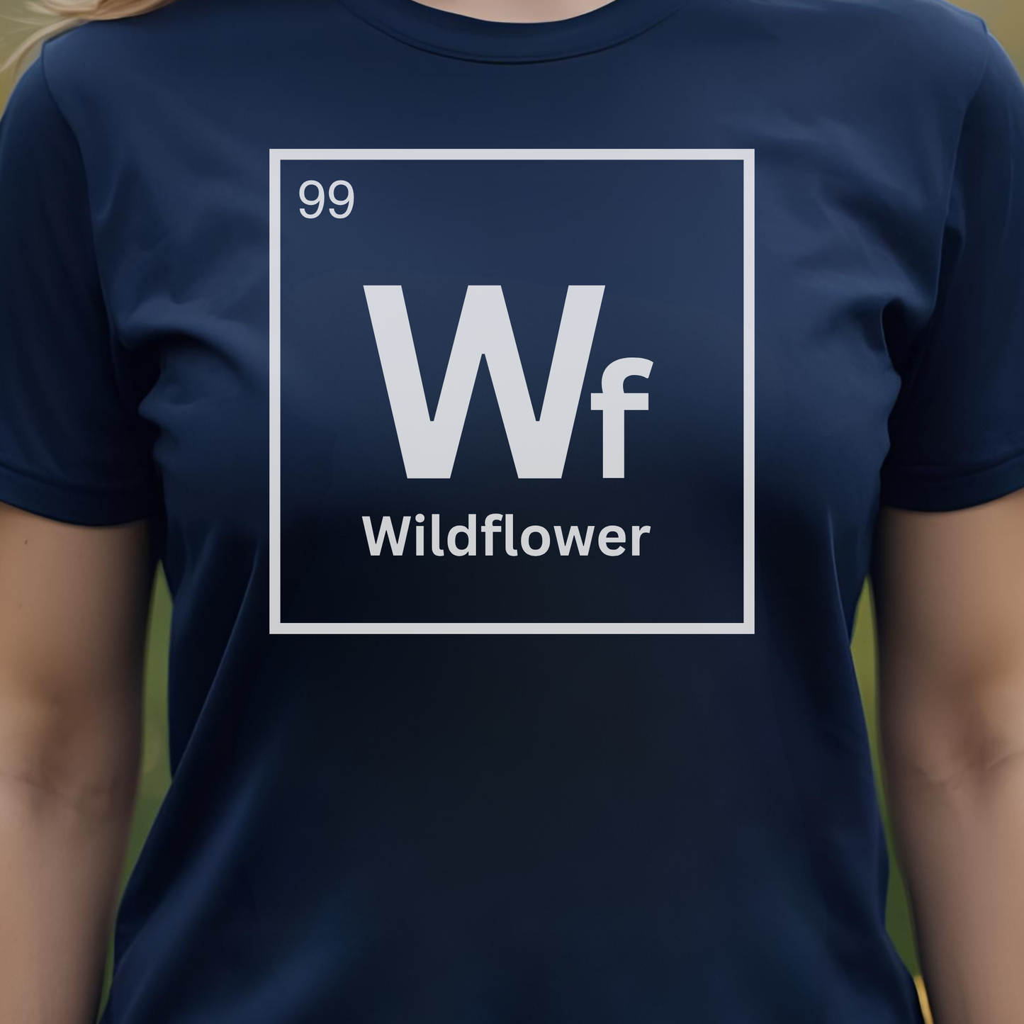 Navy t-shirt with 'Wf Wildflower' logo.