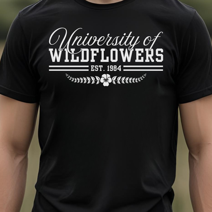 Black t-shirt with 'University of Wildflowers'.