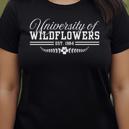 Black t-shirt with 'University of Wildflowers'.