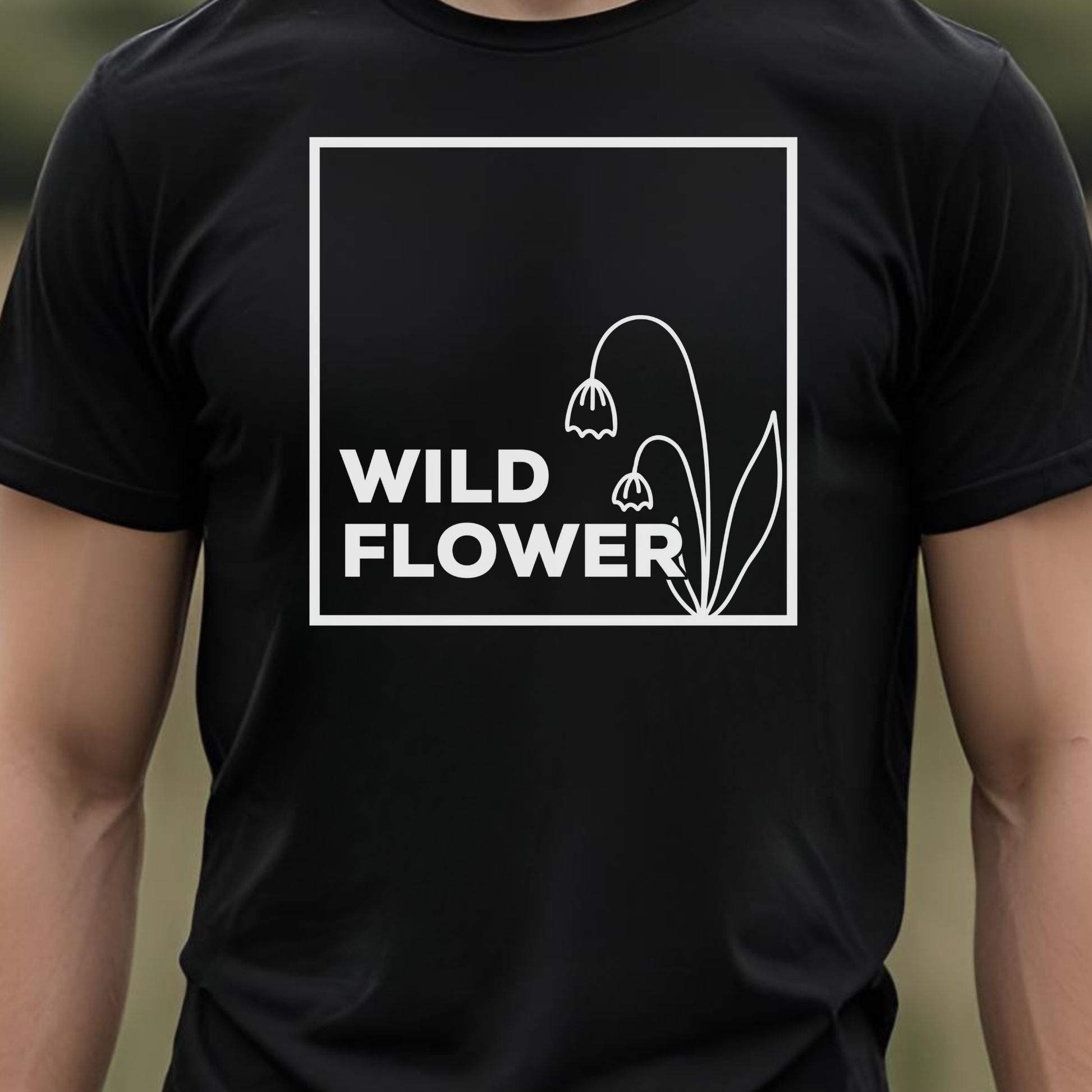 Black t-shirt with 'WILD FLOWER' text and floral design.