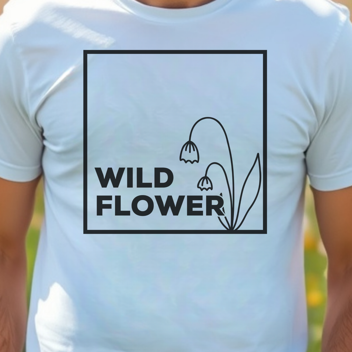 White t-shirt with 'WILD FLOWER' text and floral design.