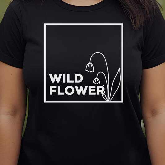 Black t-shirt with 'WILD FLOWER' text and floral design.