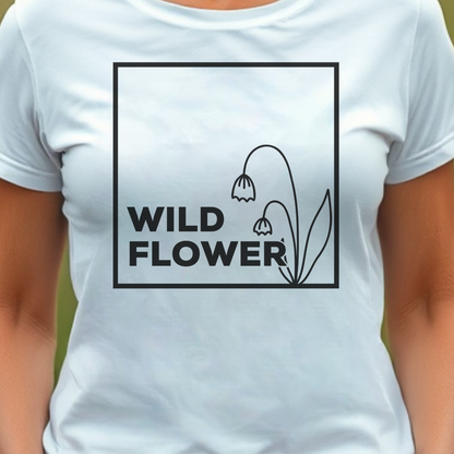 White t-shirt with 'WILD FLOWER' text and floral design.