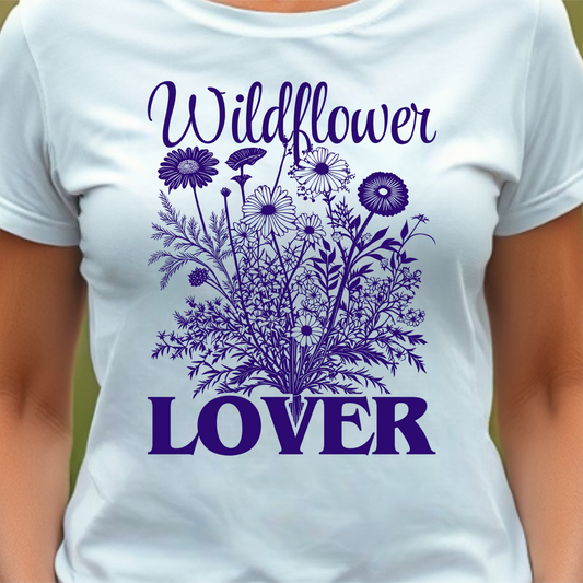 White t-shirt with floral design and text 'Wildflower Lover'.