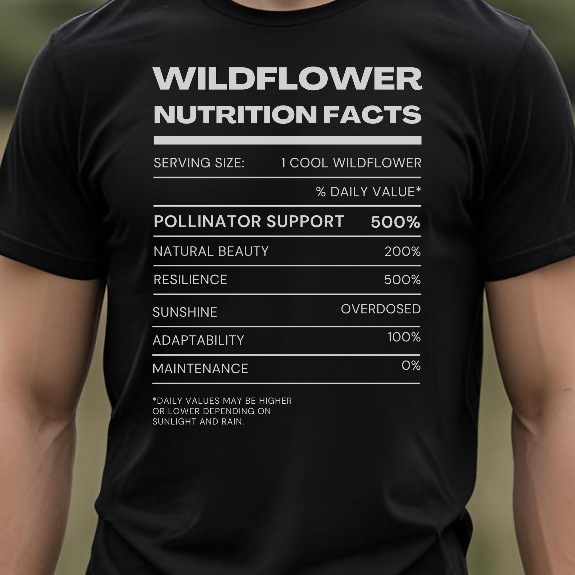 Black t-shirt with 'Wildflower Nutrition Facts' text.