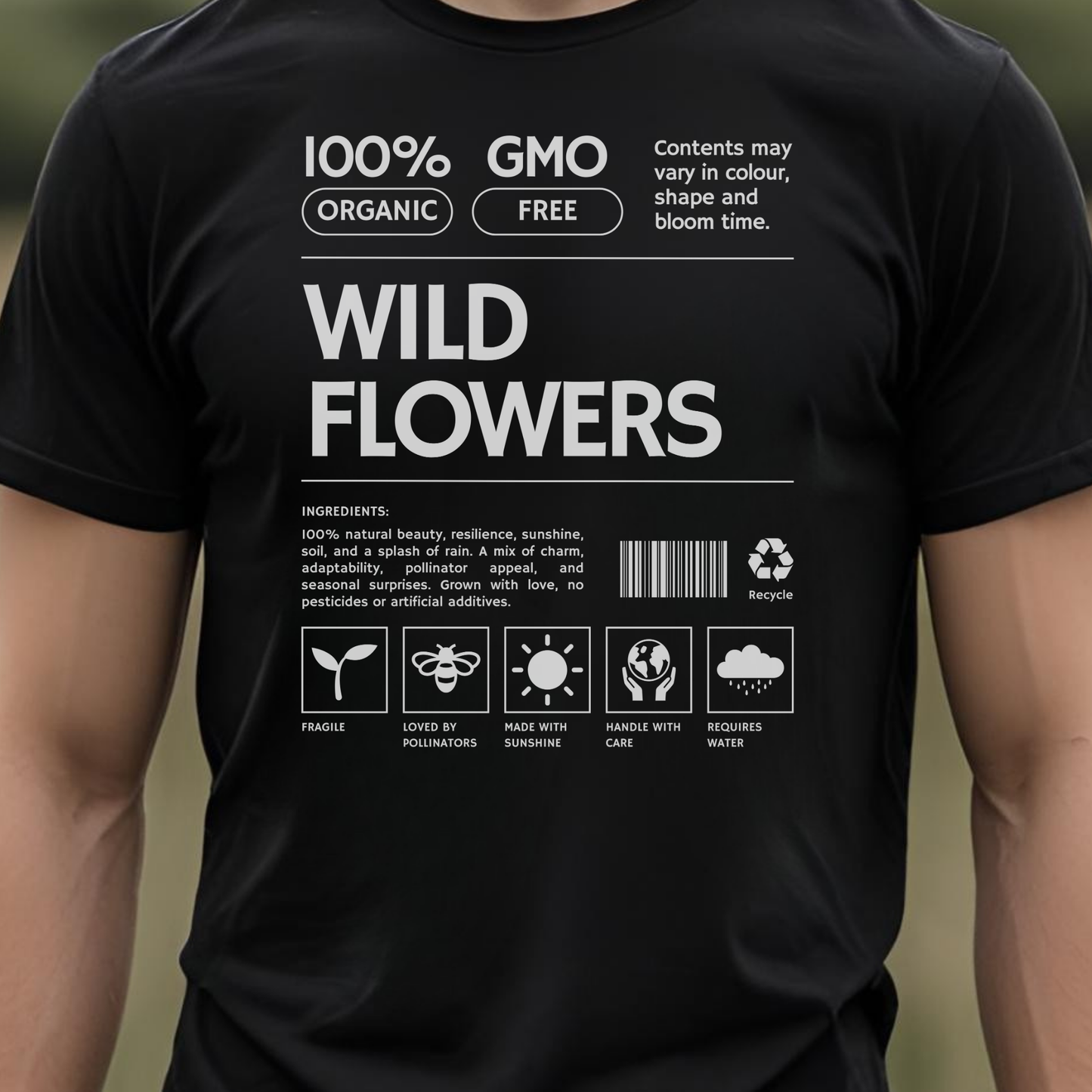 Black t-shirt with black text and label graphics.