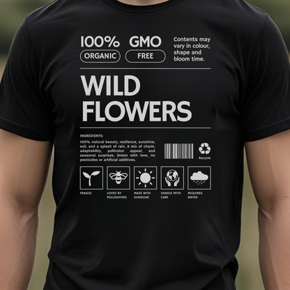 Black t-shirt with black text and label graphics.
