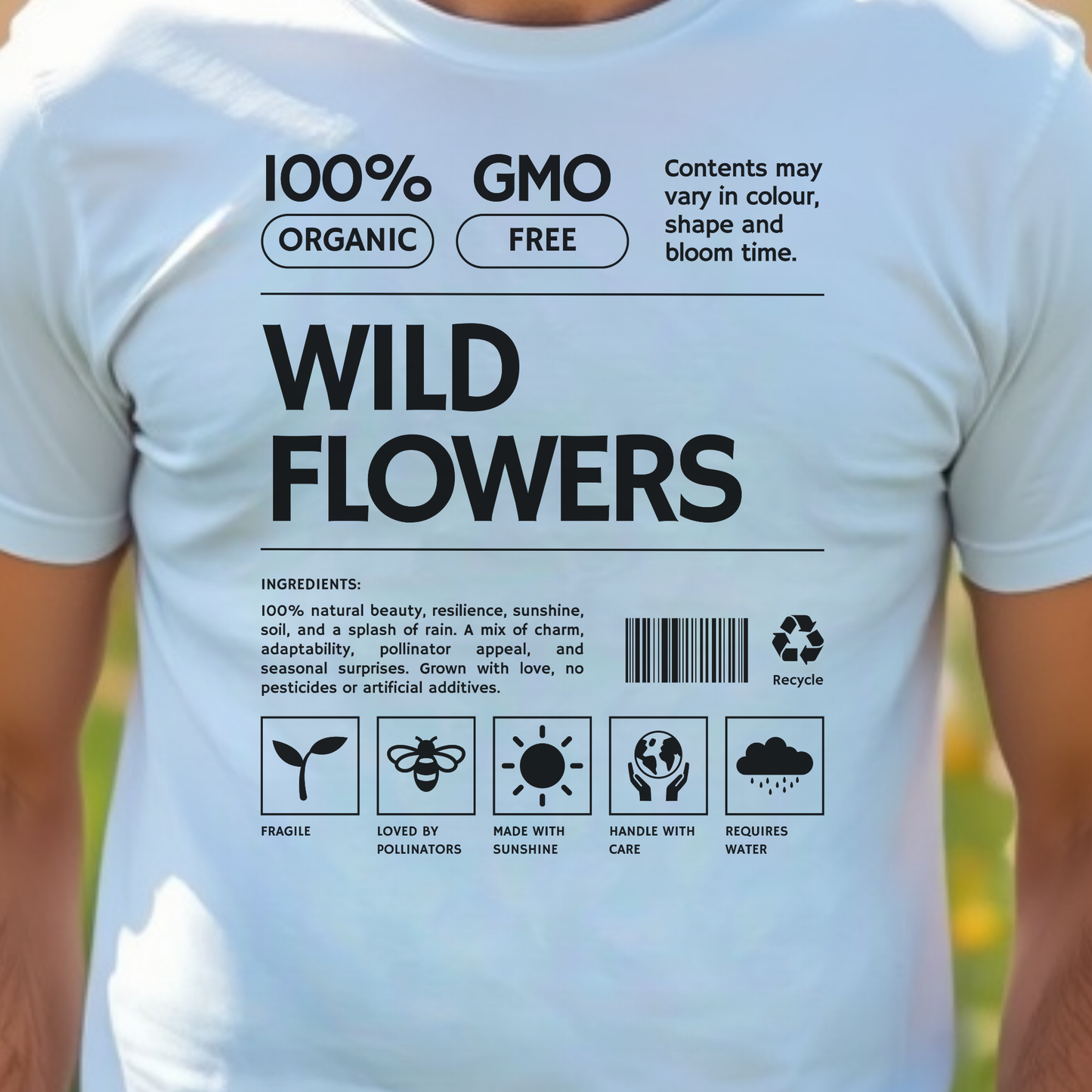 White t-shirt with black text and label graphics.