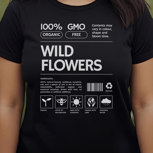 Black t-shirt with black text and label graphics.