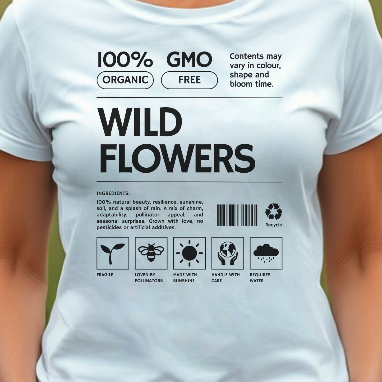 White t-shirt with black text and label graphics.