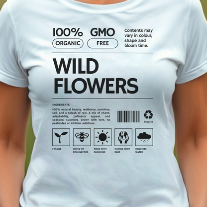 White t-shirt with black text and label graphics.