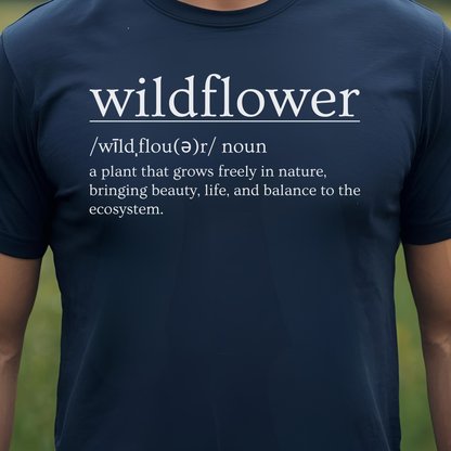 Navy t-shirt with 'wildflower' definition text.