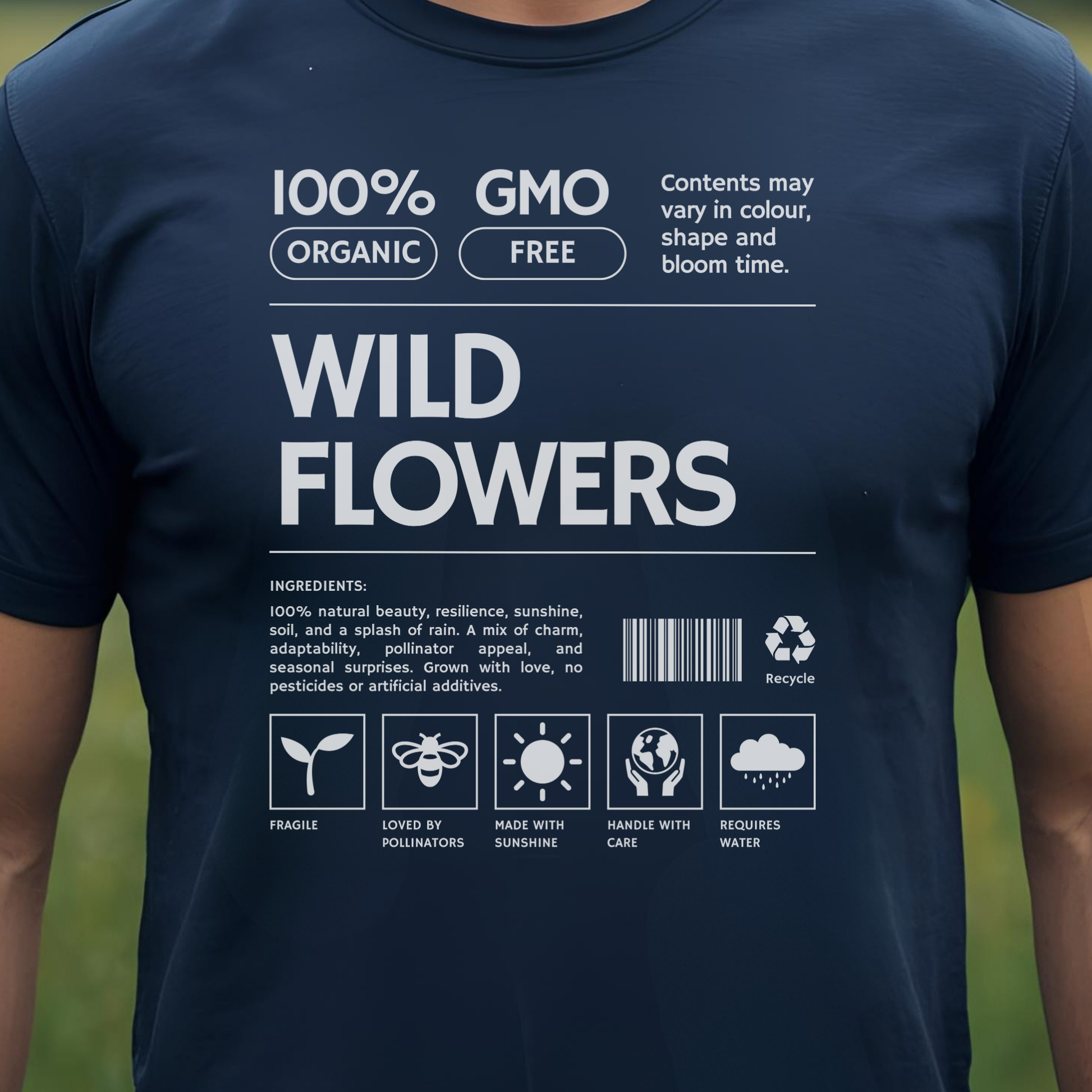 Navy t-shirt with 'Wild Flowers' text and graphics.