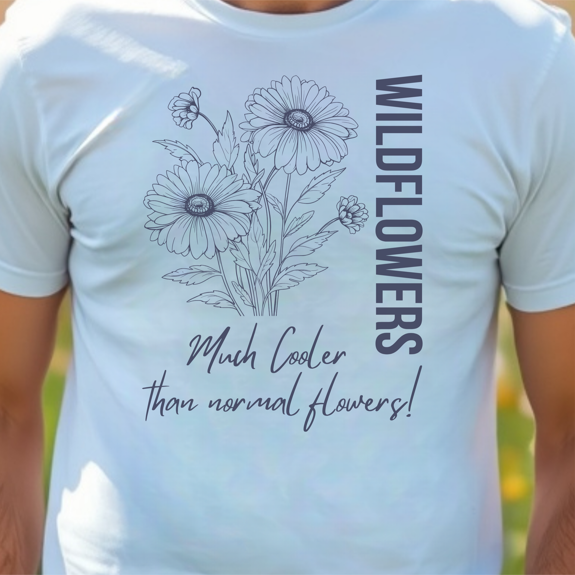 White t-shirt with floral design and text.