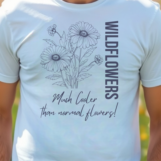 White t-shirt with floral design and text.