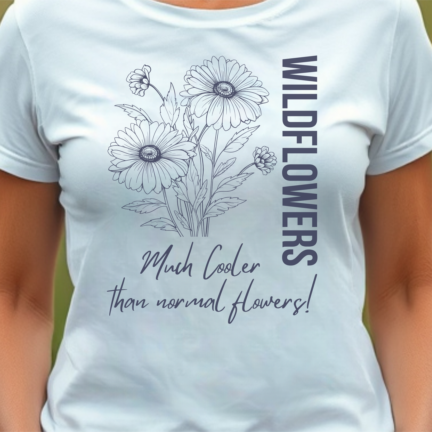 White t-shirt with floral design and text.