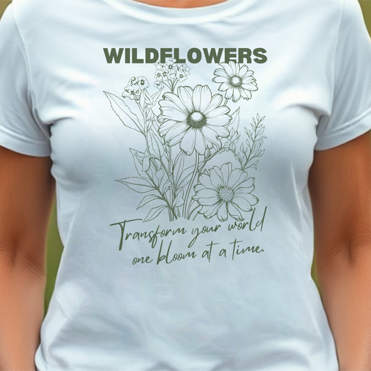 White t-shirt with floral design and text.