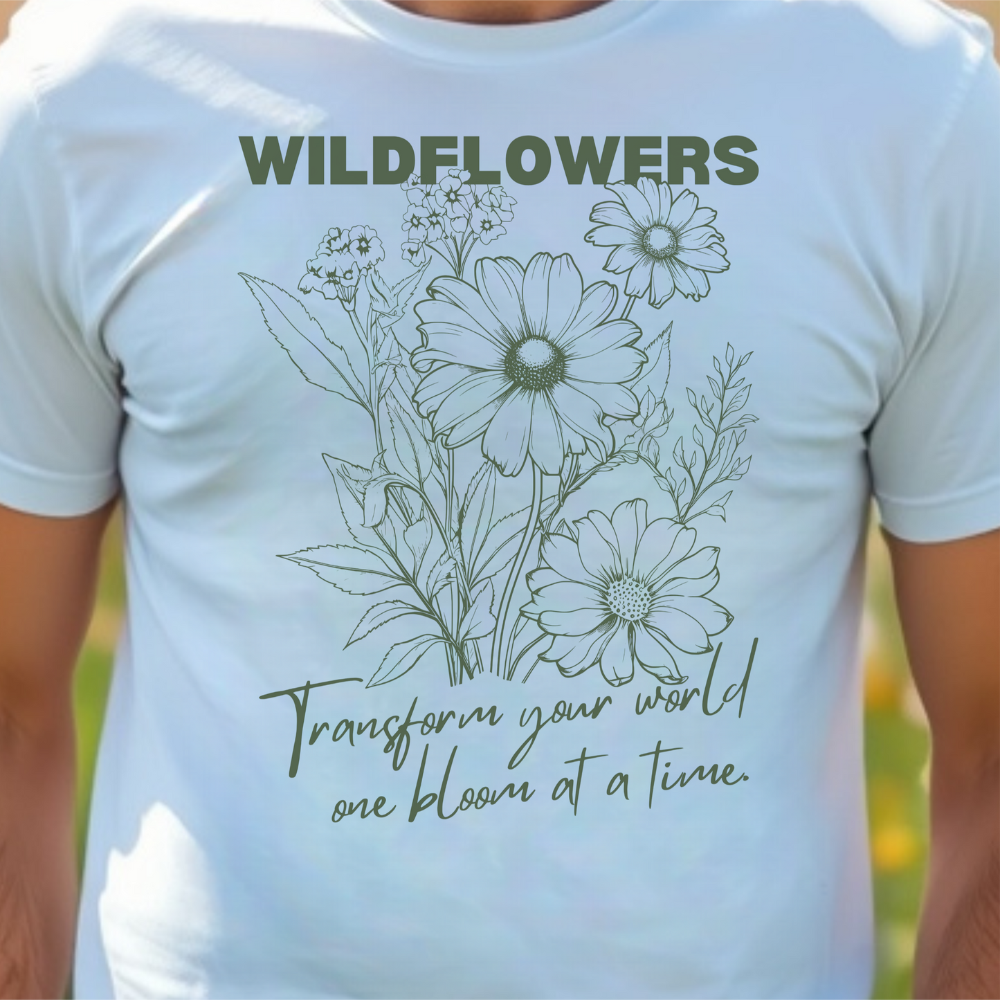 White t-shirt with floral design and text.