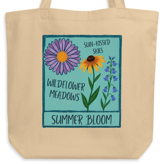 Beige tote bag with floral design and text.