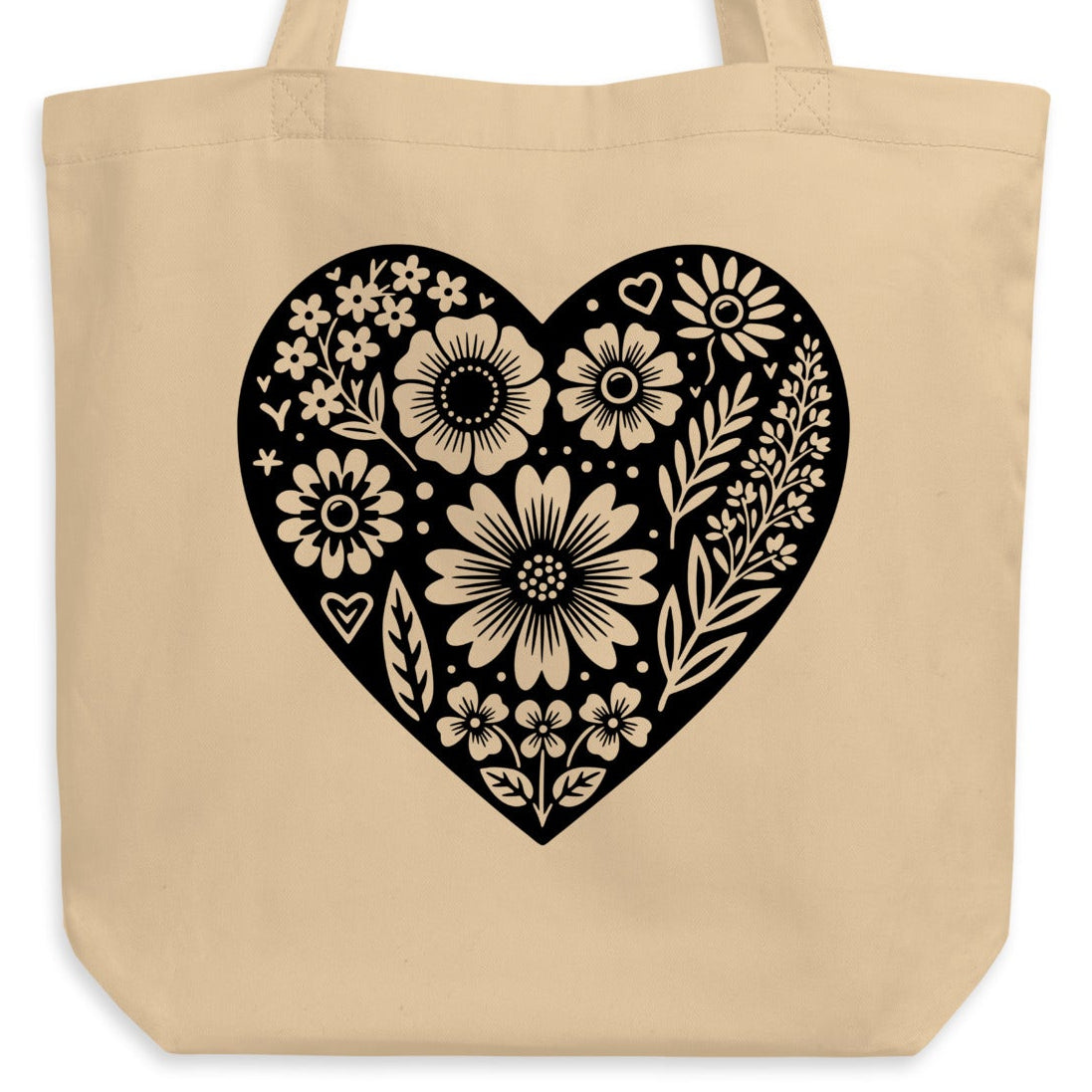 Beige tote bag with a black floral heart design.