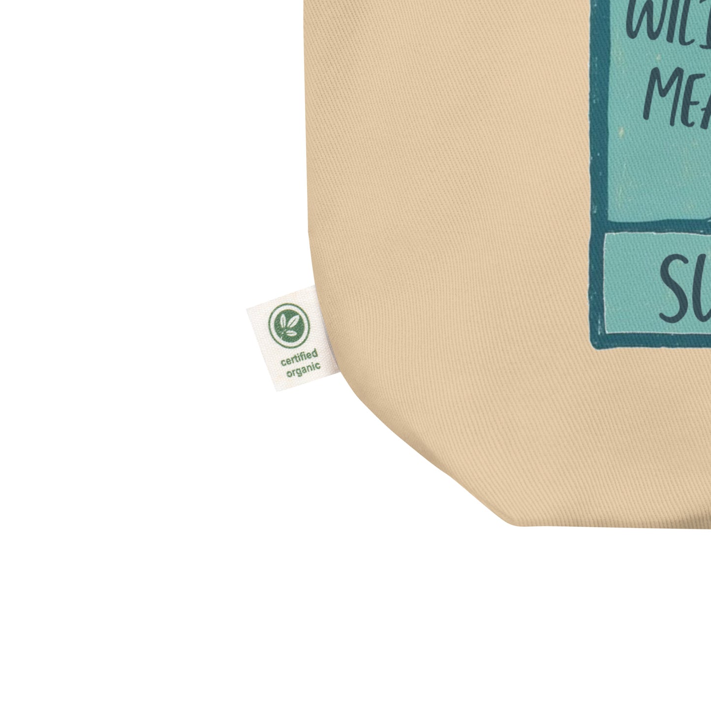Beige tote bag with a certified organic label.