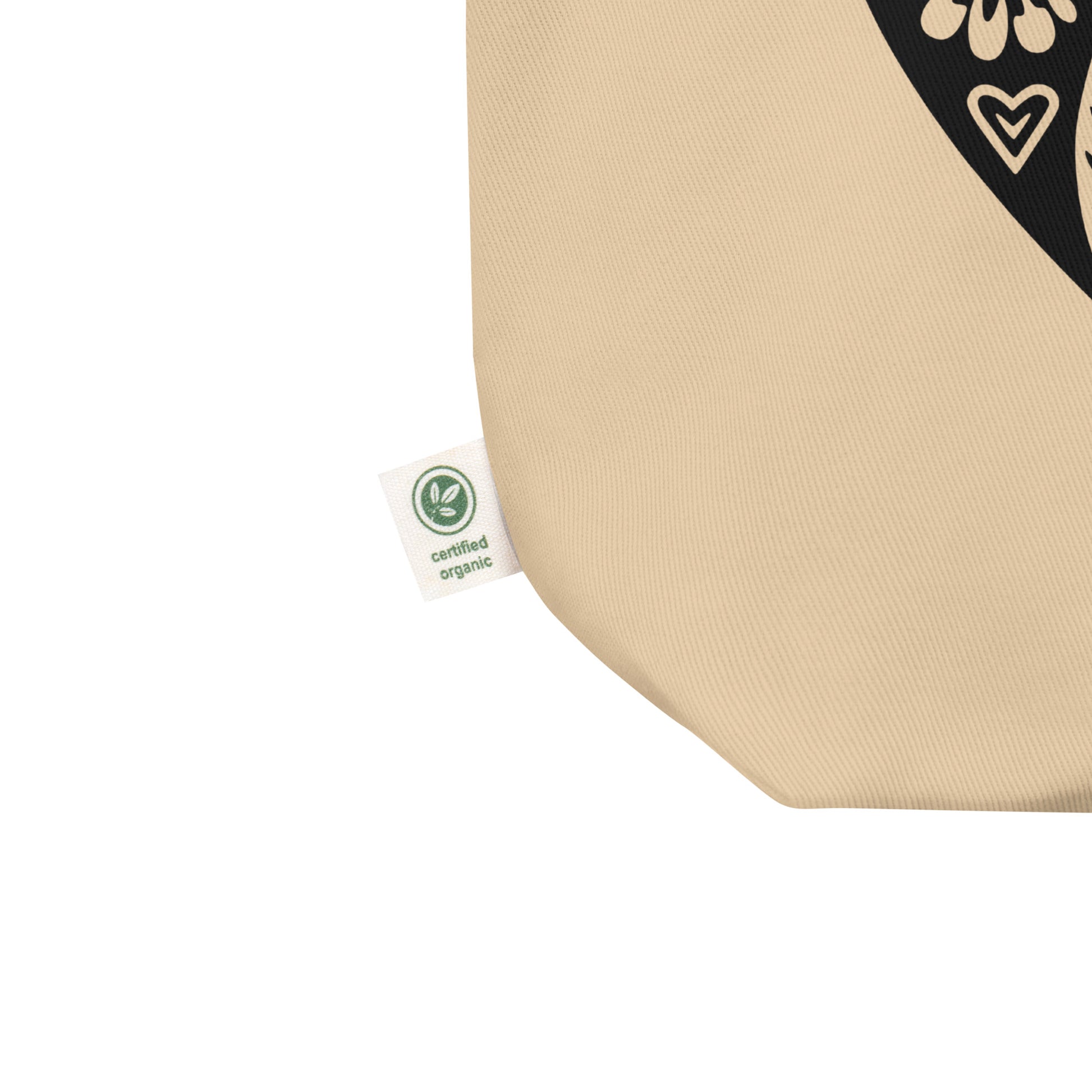 Beige tote bag with a certified organic label.