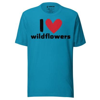 Aqua t-shirt with 'I ❤️ wildflowers' text.