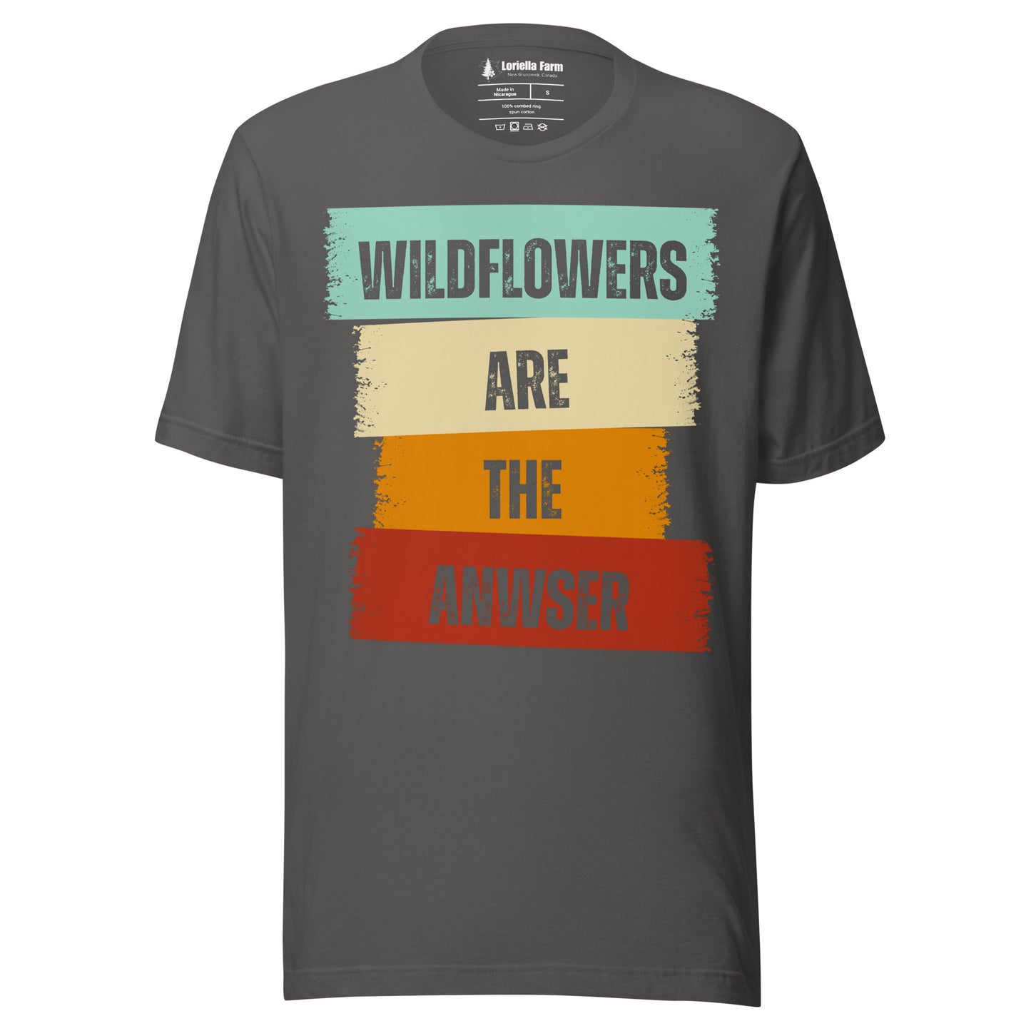 Asphalt gray t-shirt with colorful text.