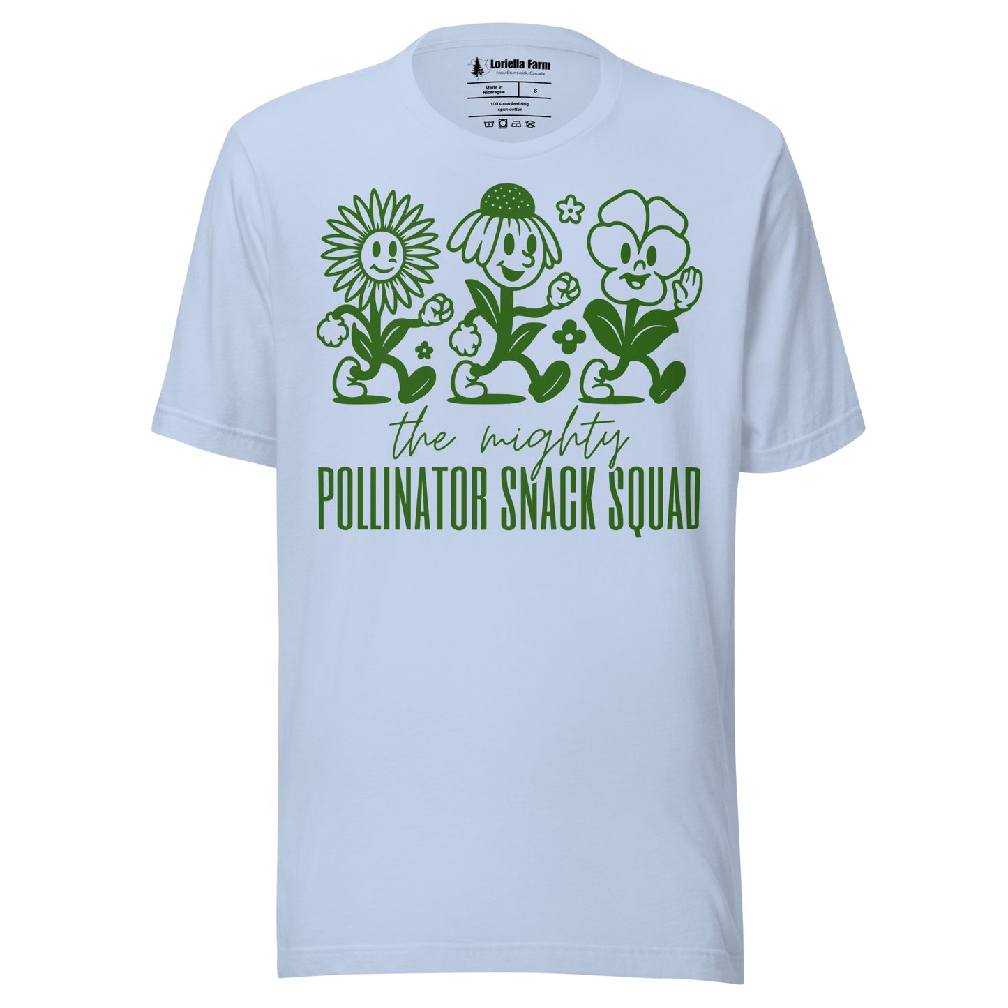 Baby Blue t-shirt with graphic and text 'the mighty Pollinator Snack Squad'.