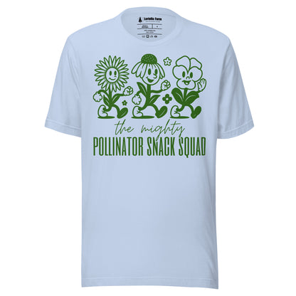 Baby Blue t-shirt with graphic and text 'the mighty Pollinator Snack Squad'.