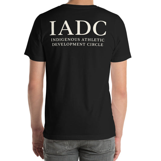 Black t-shirt with 'IADC Indigenous Athletic Development Circle' text on the back.