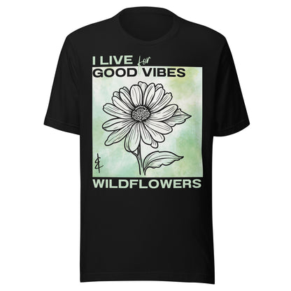 Black t-shirt with a flower graphic and text.