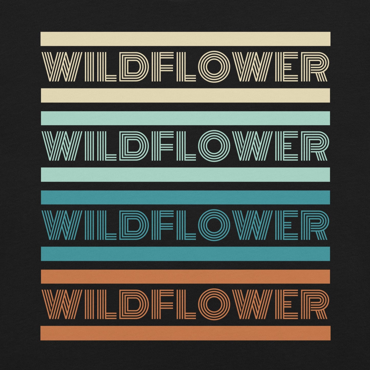 Black t-shirt with 'WILDFLOWER' text in colorful stripes.