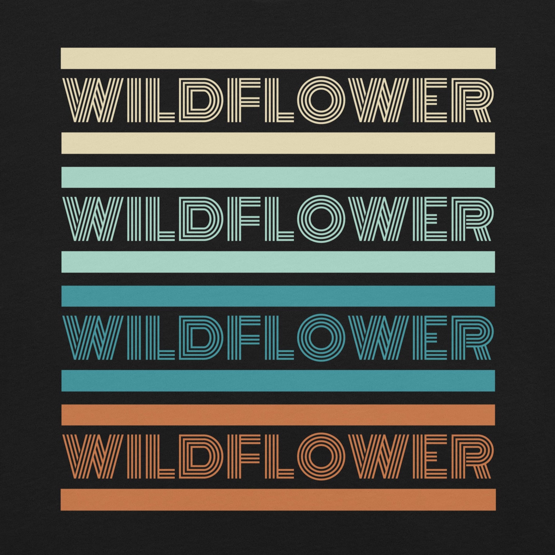 Black t-shirt with 'WILDFLOWER' text in colorful stripes.